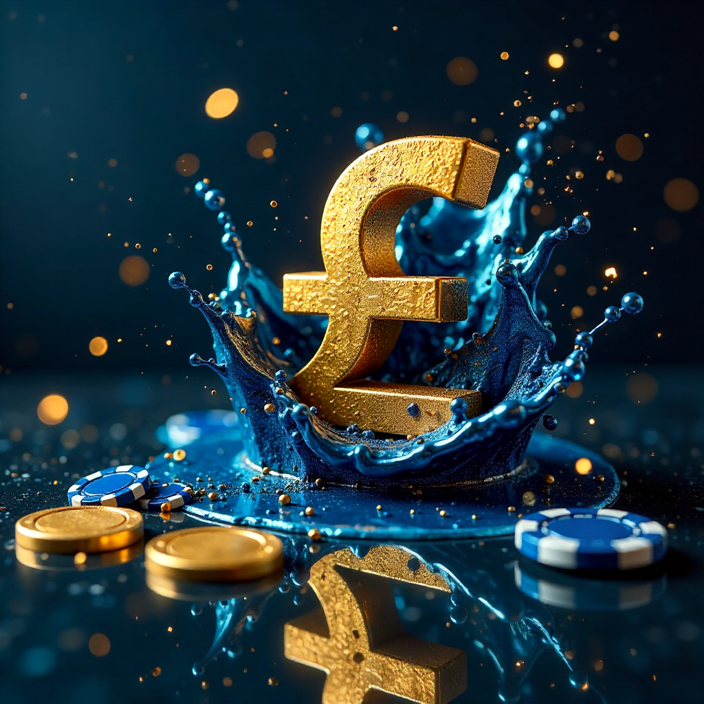 Dynamic liquid metal explosion in royal blue and gold, swirling 3D golden British Pound symbols and casino chips, subtle Union Jack patterns made of light in the background, dark charcoal reflective surface, high-tech financial gambling art, sharp focus, 